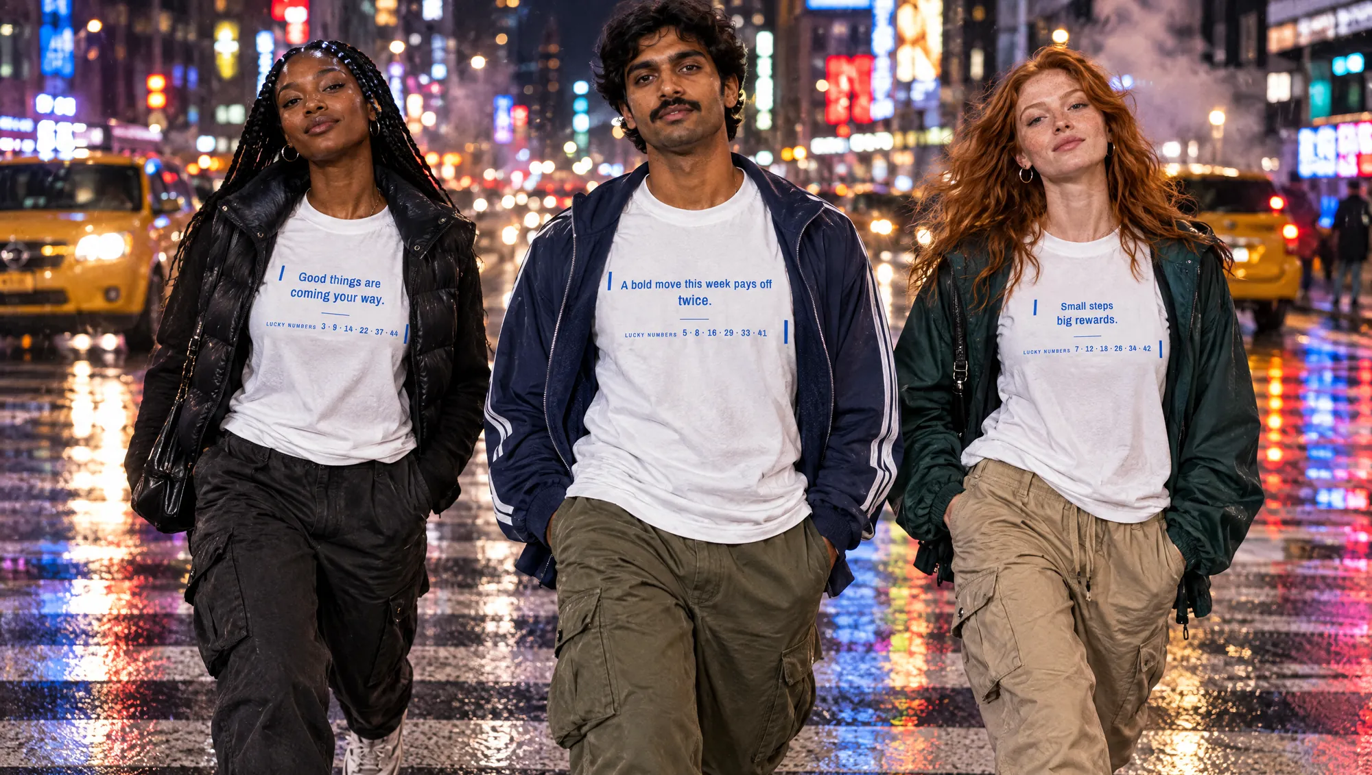 Three friends in Fortune Cookie Shirts crossing a rain-soaked city street at night